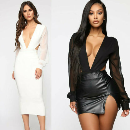 Dam Bodysuit Långärmad Mesh Polyester Elegant Stil-4
