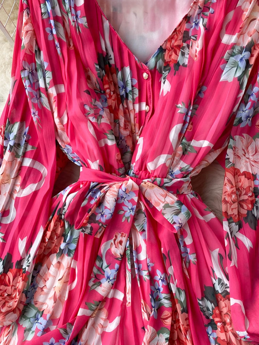 Blommig Dam Overall med Långärmad V-Ringning i Mjuk Polyester – Hög Midja och Lös Passform 5