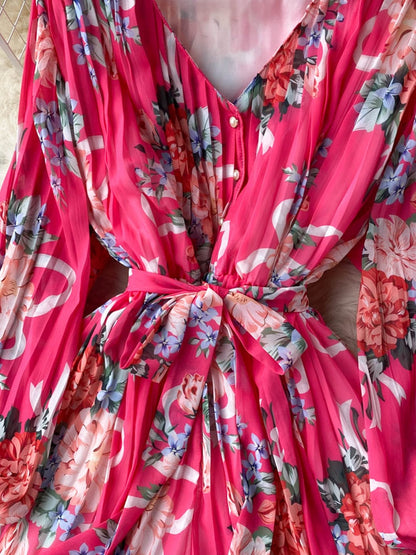 Blommig Dam Overall med Långärmad V-Ringning i Mjuk Polyester – Hög Midja och Lös Passform 5