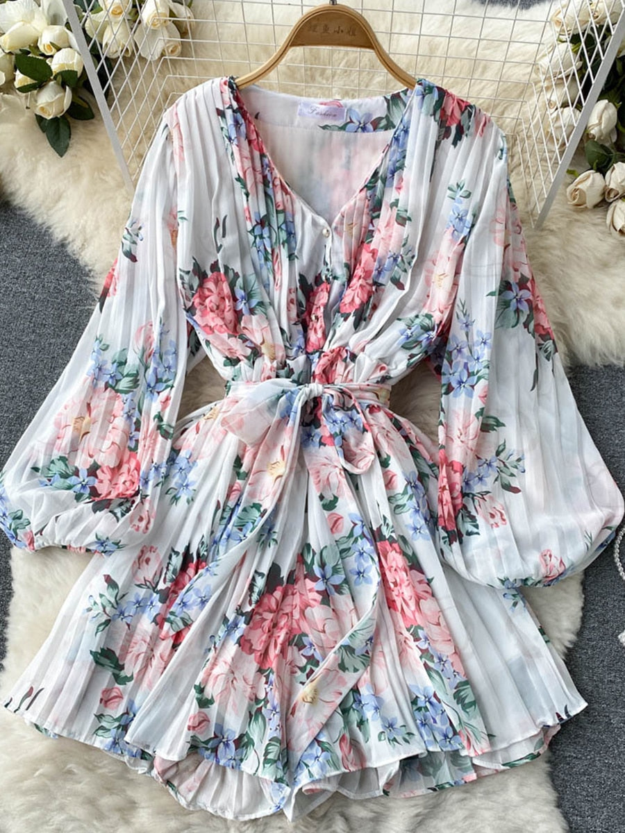 Blommig Dam Overall med Långärmad V-Ringning i Mjuk Polyester – Hög Midja och Lös Passform 2