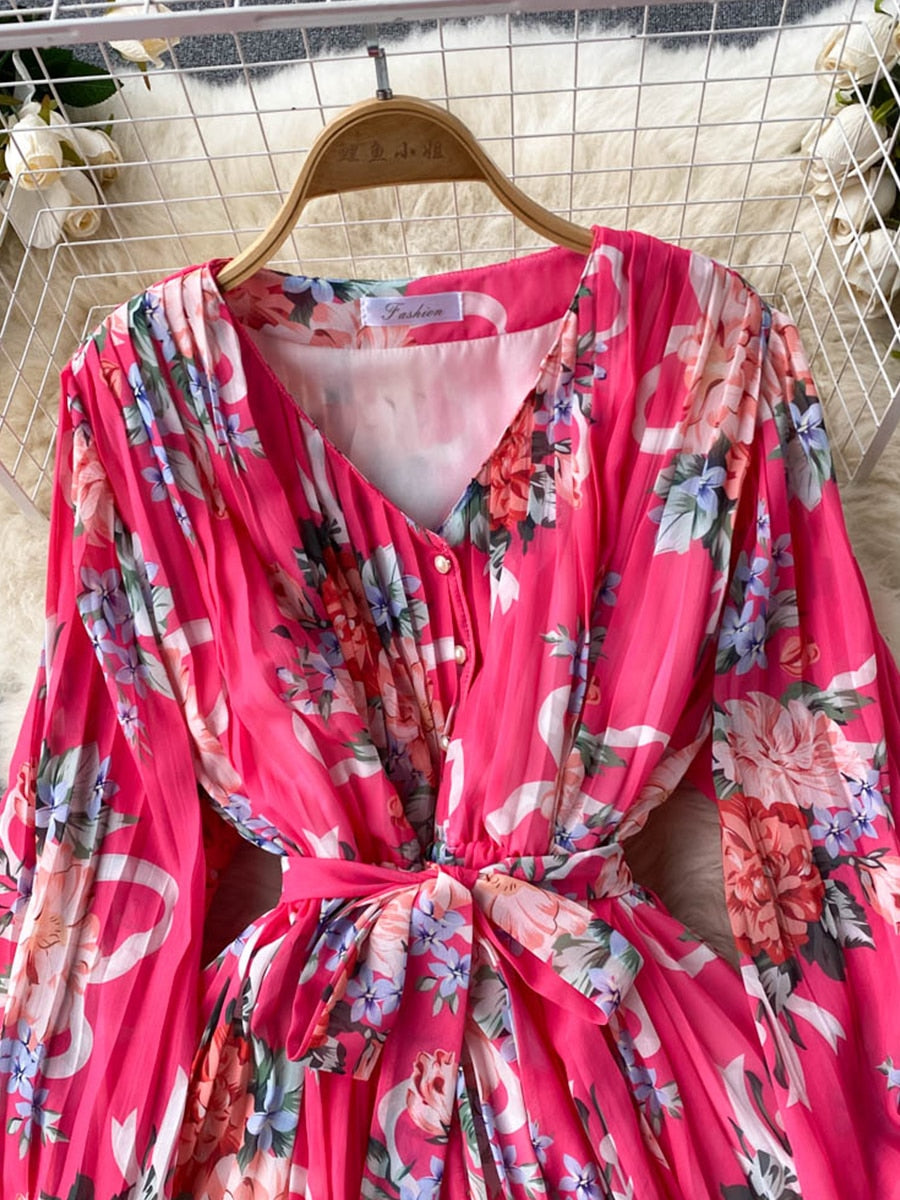 Blommig Dam Overall med Långärmad V-Ringning i Mjuk Polyester – Hög Midja och Lös Passform 4