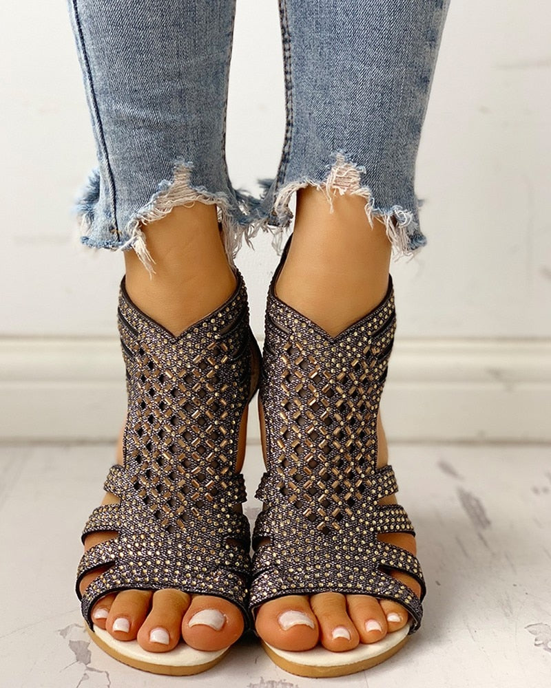 Dam Gladiator Sandaler Låg Klack PU-Läder med Strassdetaljer-2