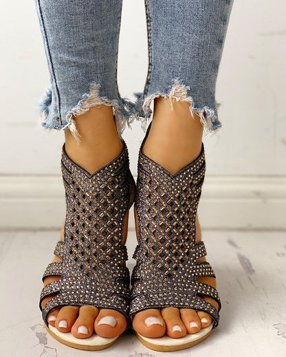 Dam Gladiator Sandaler Låg Klack PU-Läder med Strassdetaljer-2