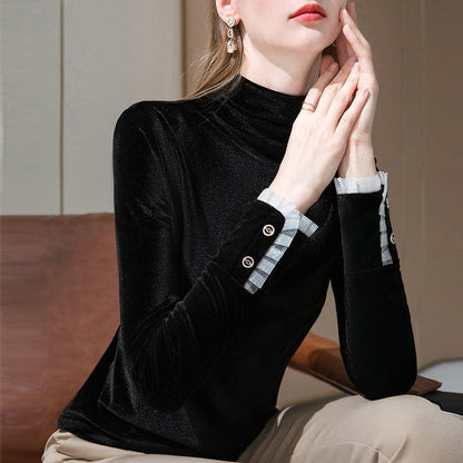 Dam Turtleneck T-shirt Långärmad Viskos med Knappdetaljer-5