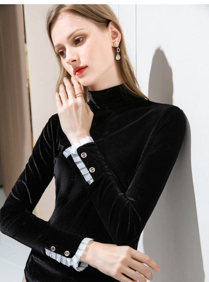 Dam Turtleneck T-shirt Långärmad Viskos med Knappdetaljer-6