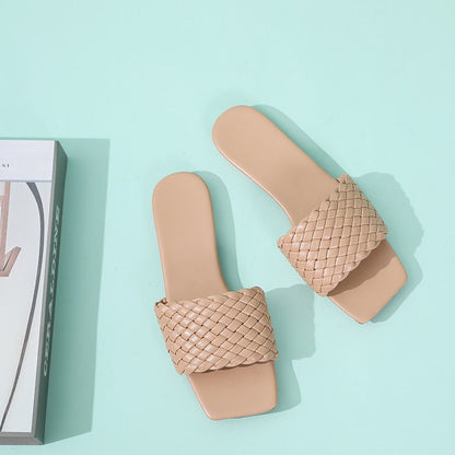 Dam Sandaler Geometriskt Flätade Remmar PU Platt Sula-5