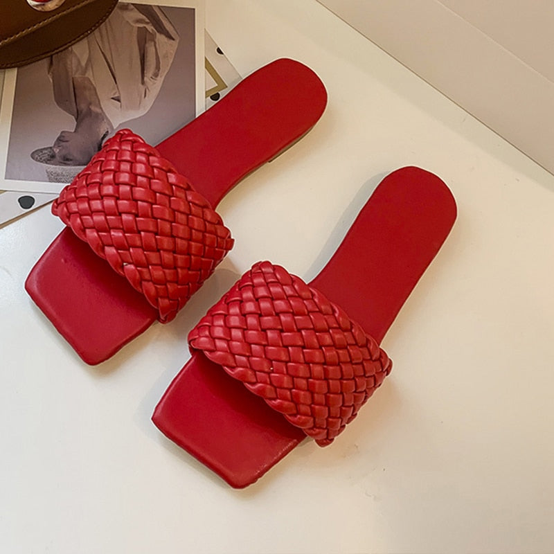 Dam Sandaler Geometriskt Flätade Remmar PU Platt Sula-4