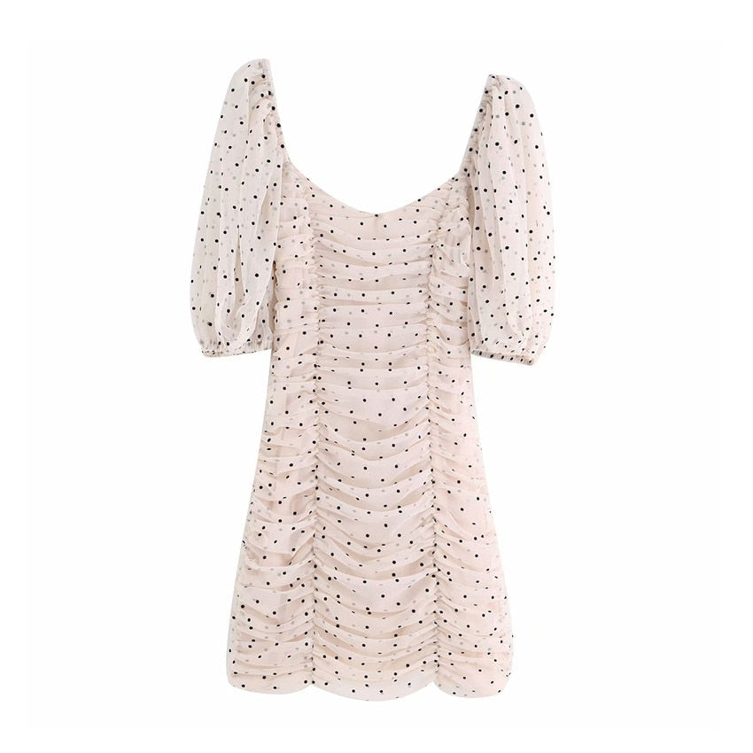 Damklänning Mini V-Neck Puffärmar Slim Fit Polyester-6