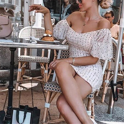 Damklänning Mini V-Neck Puffärmar Slim Fit Polyester-4