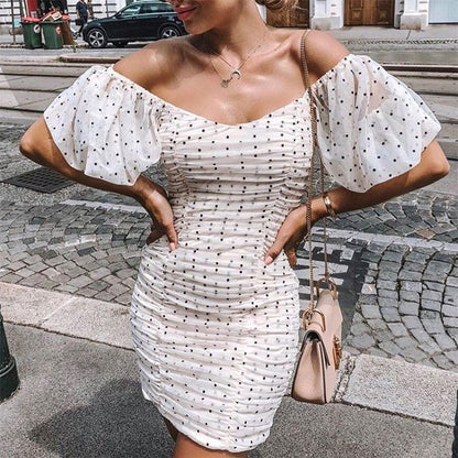 Damklänning Mini V-Neck Puffärmar Slim Fit Polyester-3