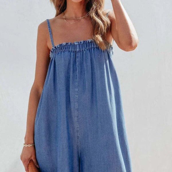 Dam Jumpsuit Klassisk Denim Elegant Med Sidfickor-5