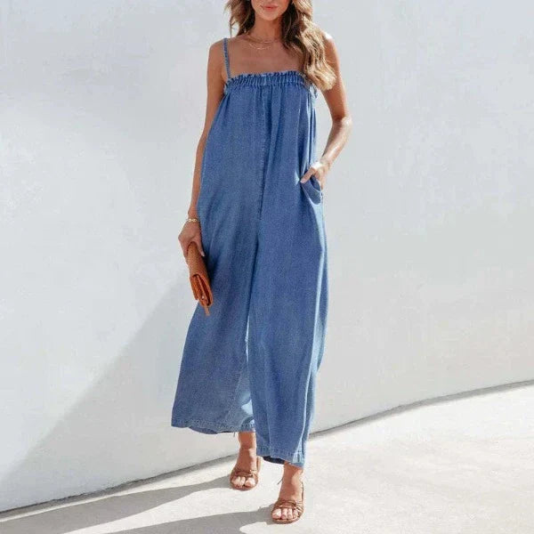 Dam Jumpsuit Klassisk Denim Elegant Med Sidfickor-1