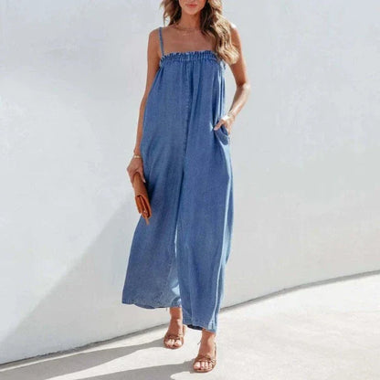 Dam Jumpsuit Klassisk Denim Elegant Med Sidfickor-1