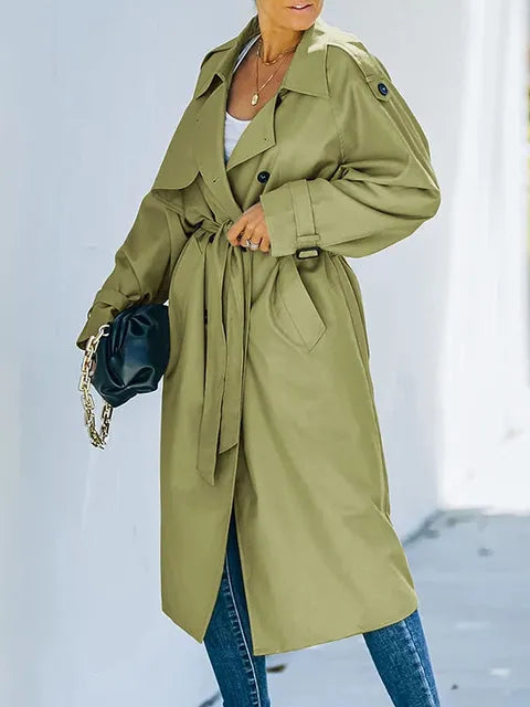 Lång Dubbelknäppt Trenchcoat för Kvinnor i Polyesterblandning – Elegant och Väderbeständig Kappa 5