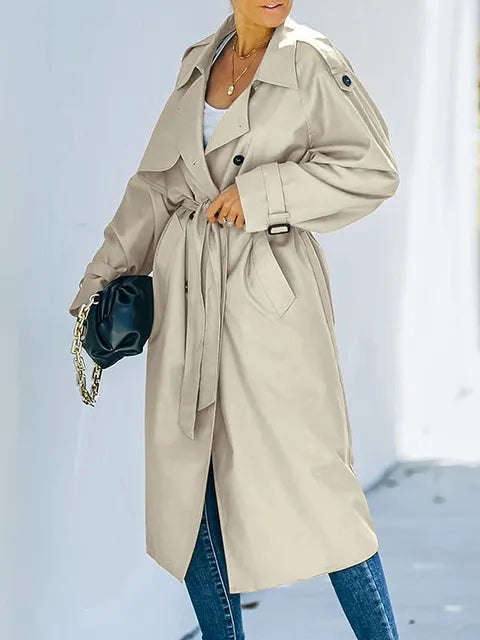 Lång Dubbelknäppt Trenchcoat för Kvinnor i Polyesterblandning – Elegant och Väderbeständig Kappa 11