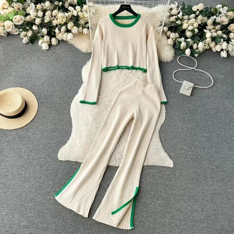 Dam Tvådelad Outfit Ribbade Byxor Fransad Jacka Mjuk Textil-3