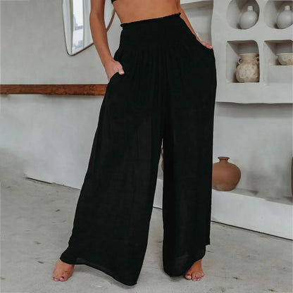 Kvinnors Palazzo Byxor Hög Midja Bred Ben Polyester-3