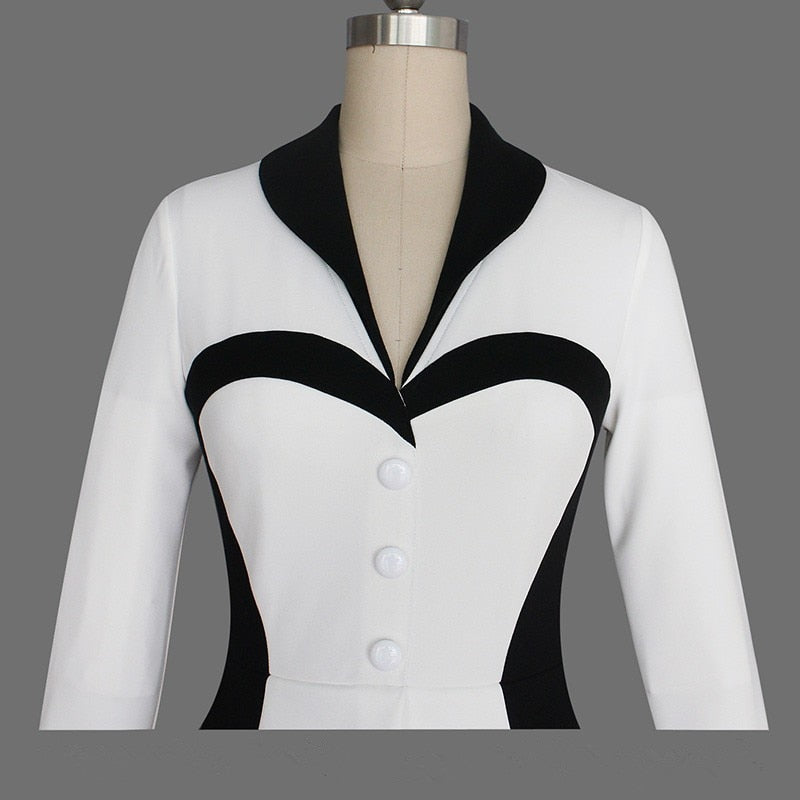 Dam Klänning Midi V-Hals Patchwork Design i Bomull och Polyester-2