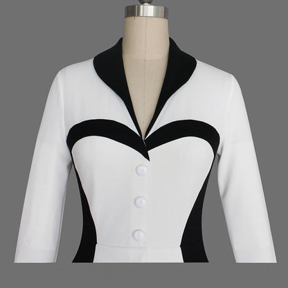 Dam Klänning Midi V-Hals Patchwork Design i Bomull och Polyester-2