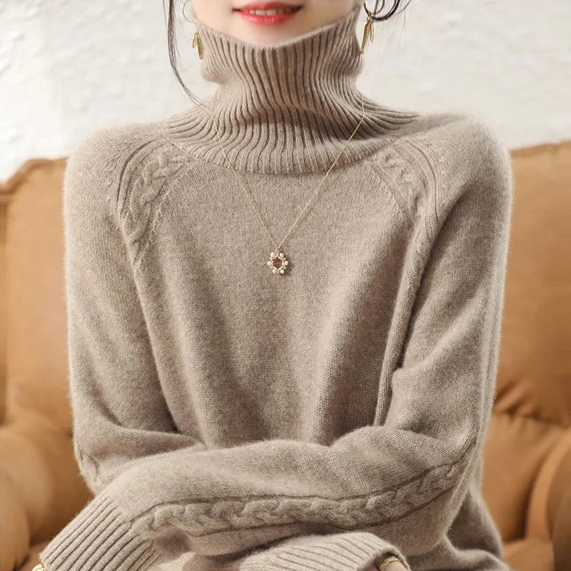 Stickad Dam Tröja Turtleneck Bomull Polyester Casual-4