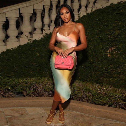 Dam Klänning Midi Mönstrad Spaghetti Band Polyester-2