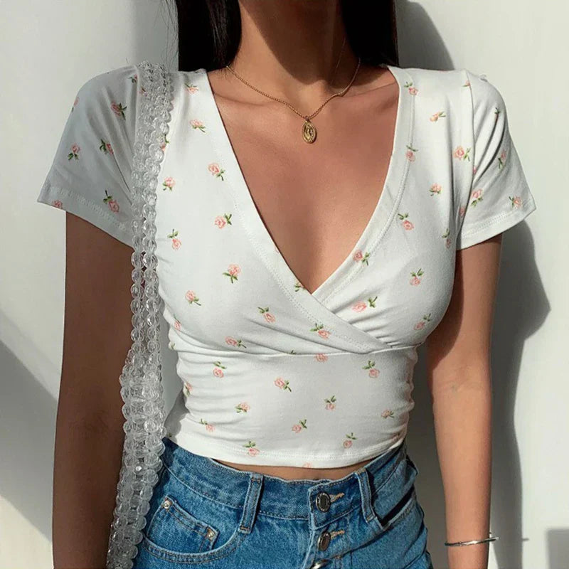 Kvinnors Crop Top V-hals Blommönster Lätt Tyg Korta Ärmar-4