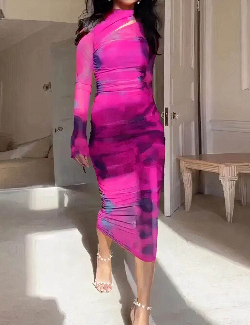 Variant image for Kvinna Klänning Batikdesign Polyester Kalvlängd-6