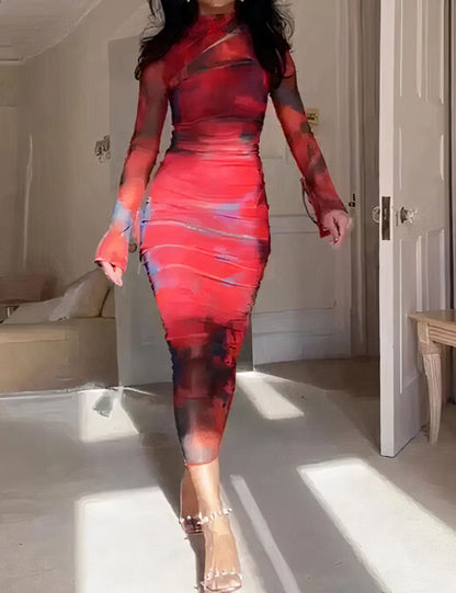 Kvinna Klänning Batikdesign Polyester Kalvlängd-1