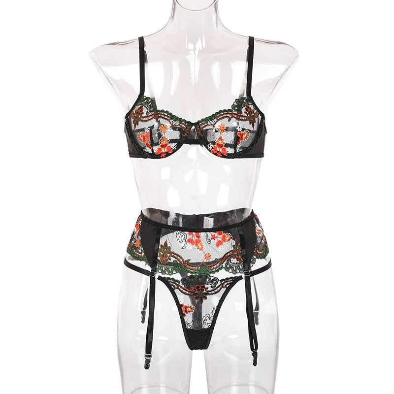 Damunderkläder Set med Blommönster, 3/4 Cup och Justerbara Axelband – Snygga Underkläder Dam i Polyester och Spandex 2