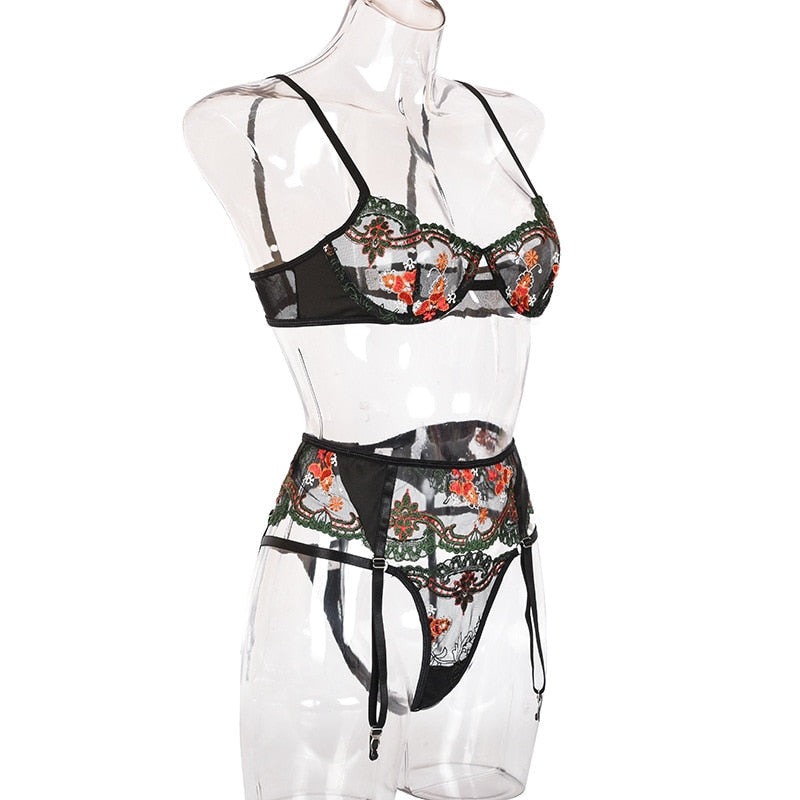 Damunderkläder Set med Blommönster, 3/4 Cup och Justerbara Axelband – Snygga Underkläder Dam i Polyester och Spandex 3