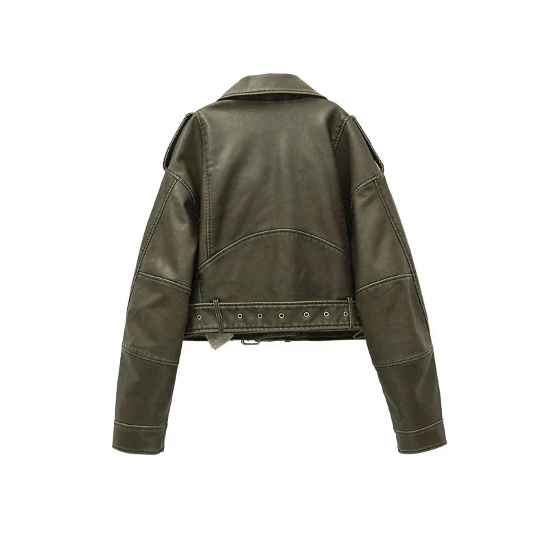Kort Jacka Dam Vintage Syntetiskt Läder med Bälte 4