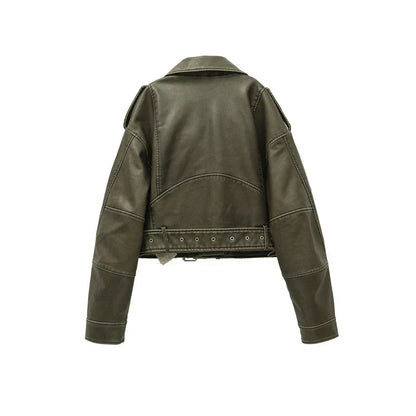 Kort Jacka Dam Vintage Syntetiskt Läder med Bälte 4