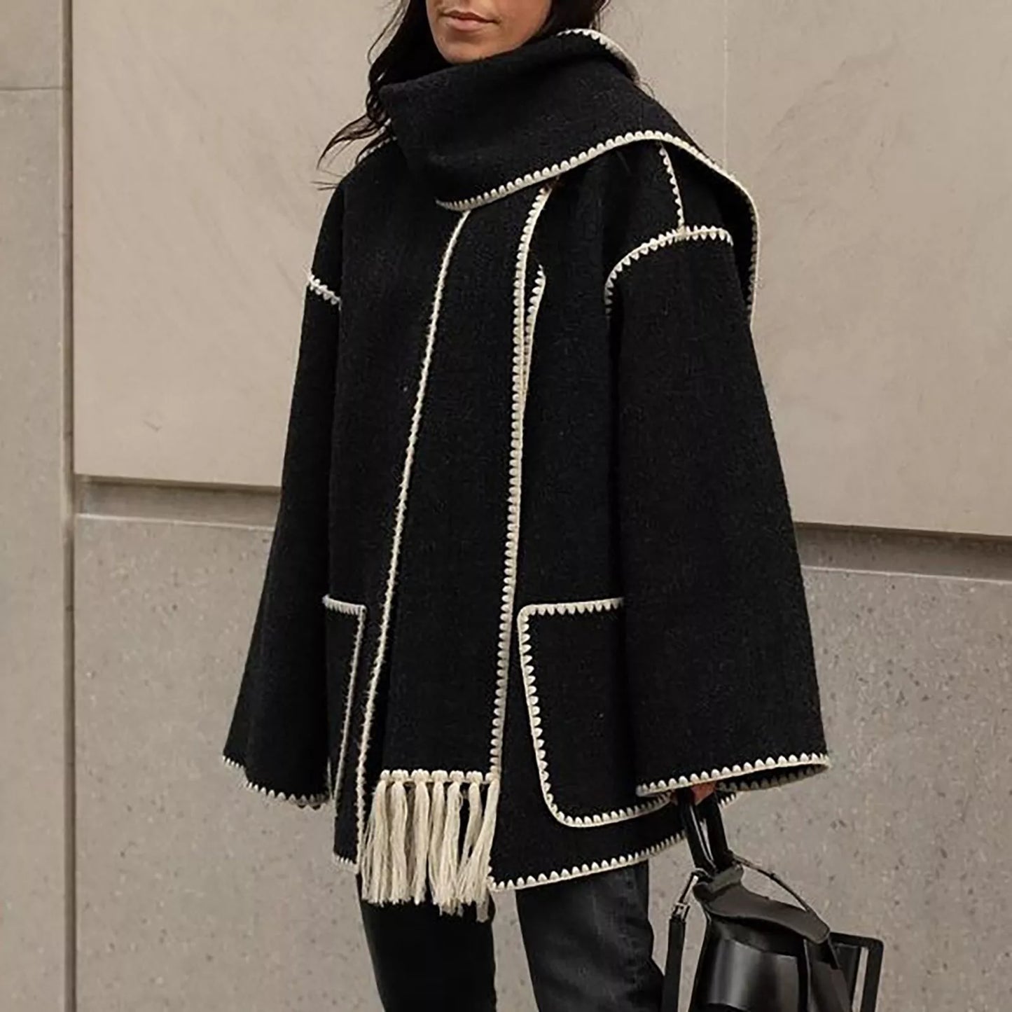 Dam Kappa Överdimensionerad Vinterrock med Kuvertkrage i Ullblandning-5