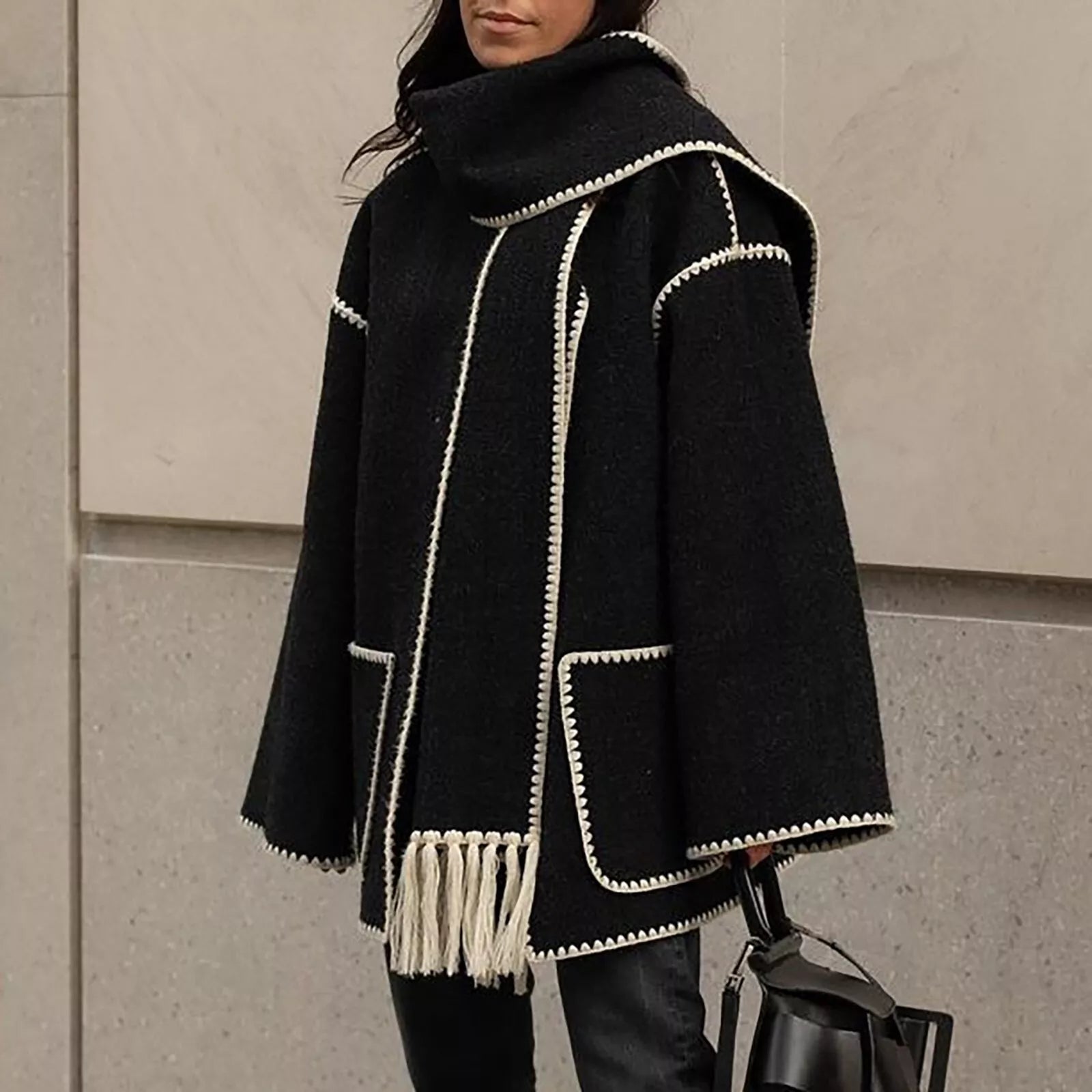 Dam Kappa Överdimensionerad Vinterrock med Kuvertkrage i Ullblandning-5