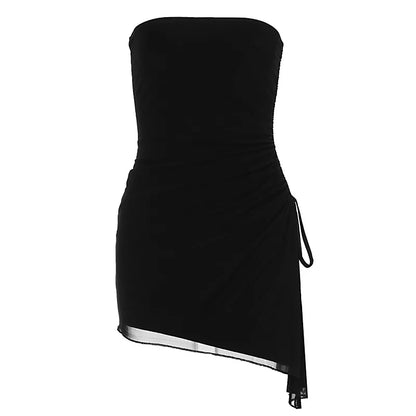 Mini Klänning för Kvinna i Elegant Svart Polyester – Modern Design med Axelframhävning och Lekfull Längd 5