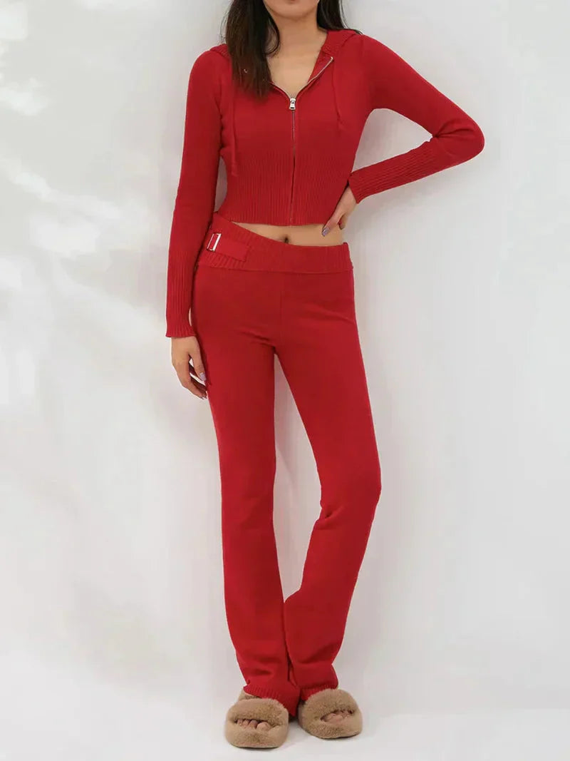 Variant image for Dam Loungewear Set Ribbstickad Huvjacka och Bredbenta Byxor-16