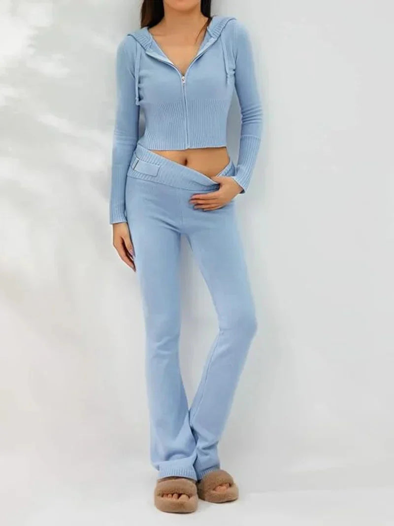 Variant image for Dam Loungewear Set Ribbstickad Huvjacka och Bredbenta Byxor-19