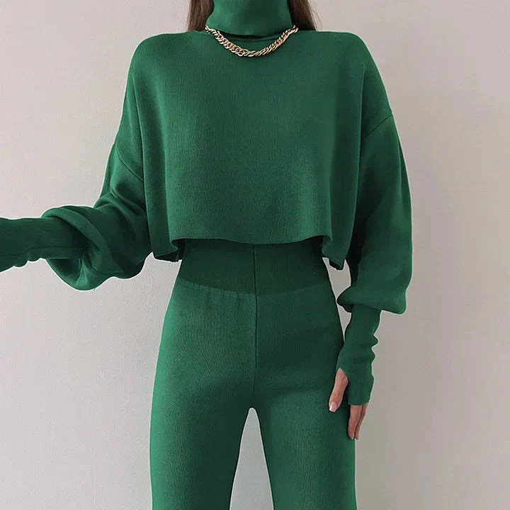 Dam Turtleneck Set Långärmad Top och Höga Byxor Mjuk Stretchblandning-2
