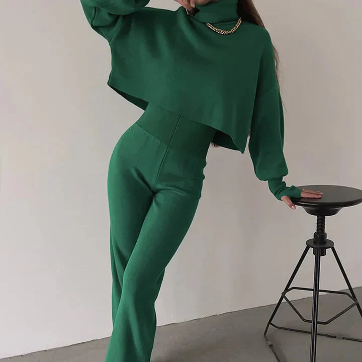 Dam Turtleneck Set Långärmad Top och Höga Byxor Mjuk Stretchblandning-3