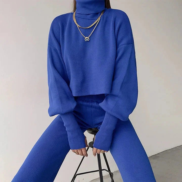 Dam Turtleneck Set Långärmad Top och Höga Byxor Mjuk Stretchblandning-5