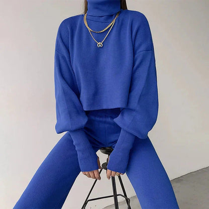 Dam Turtleneck Set Långärmad Top och Höga Byxor Mjuk Stretchblandning-5
