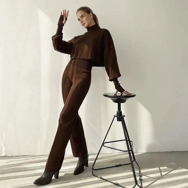 Variant image for Dam Turtleneck Set Långärmad Top och Höga Byxor Mjuk Stretchblandning-11