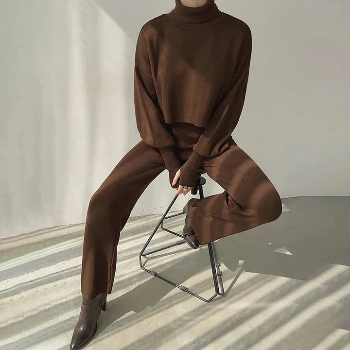Dam Turtleneck Set Långärmad Top och Höga Byxor Mjuk Stretchblandning-6
