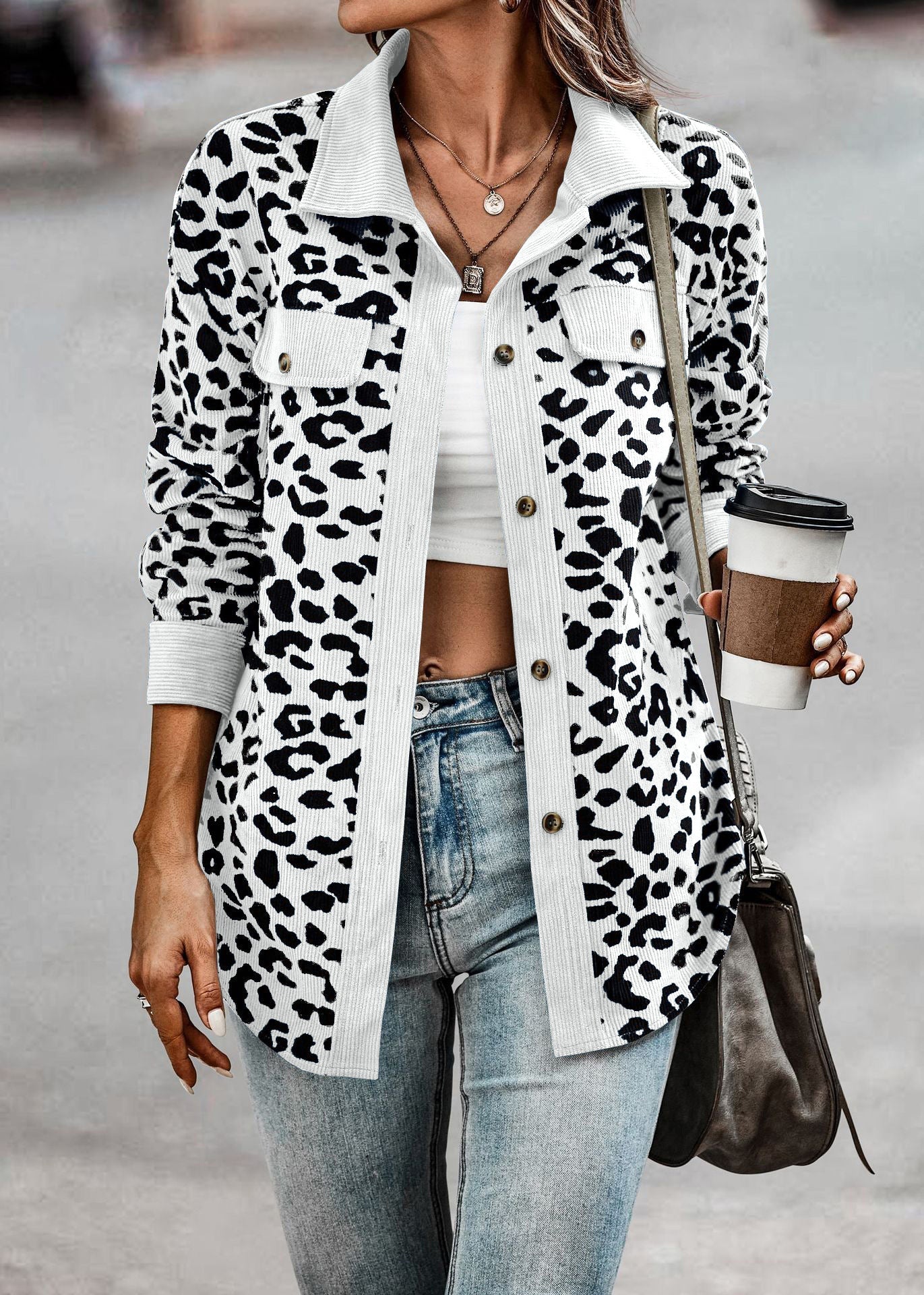 Variant image for Damjacka Skjortastil Leopardmönstrad Polyester-49