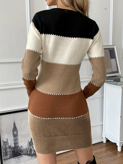 Kvinna Långärmad Klänning Färgblock Bomull Elasthan-5