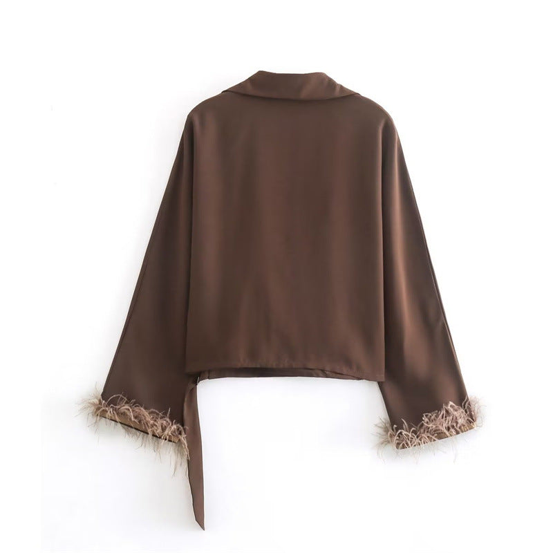 Stickad Dam Tröja Långärmad Polyester med Fjäderdetalj-3