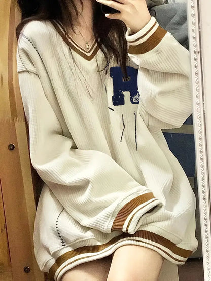 Dam Stickad Tröja V-ringning R-mönster Mjuk Material-4