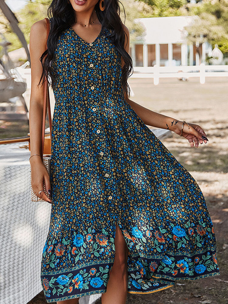 Dam Midiklänning Blommig V-Utringning Bomull och Viskos-4