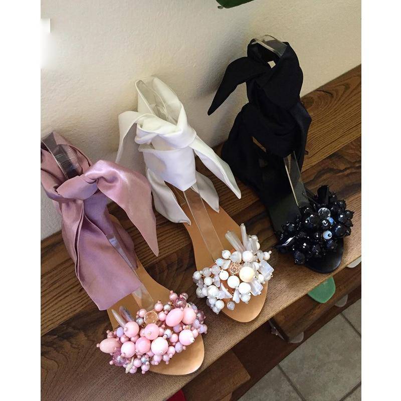 Dam Sandaler med Ankelremmar och Pärldekoration i PU-Läder-4