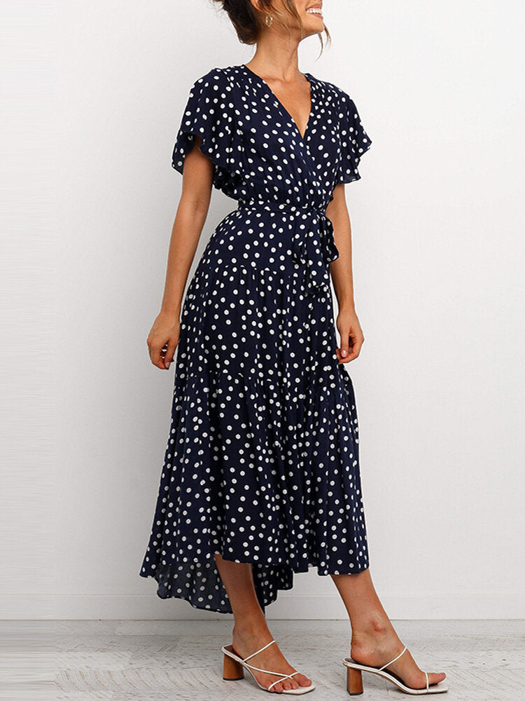 Kvinnors Midi Klänning V-hals Blommönster Polyester-4